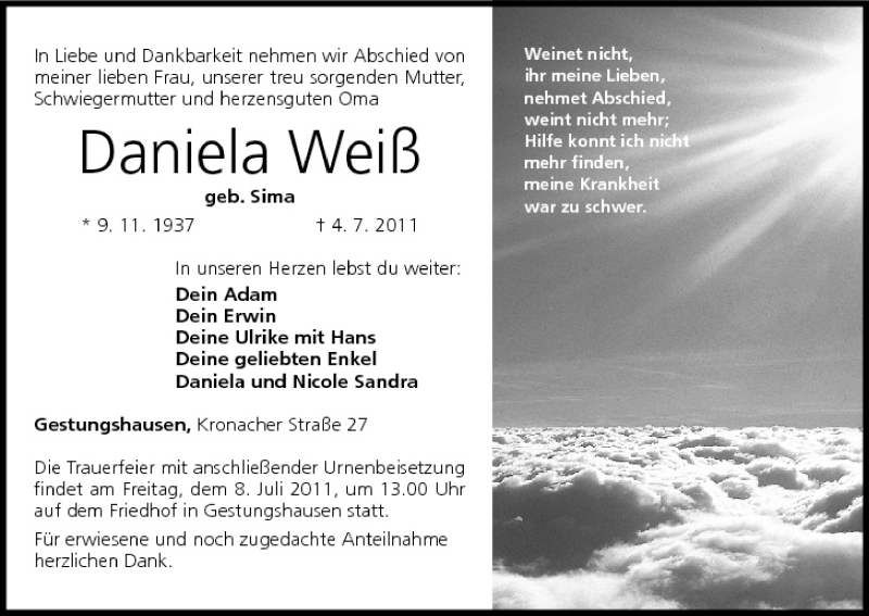  Traueranzeige für Daniela Weiß vom 06.07.2011 aus MGO