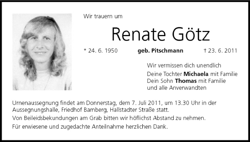  Traueranzeige für Renate Götz vom 06.07.2011 aus MGO