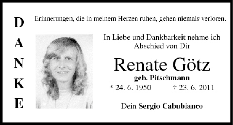  Traueranzeige für Renate Götz vom 13.07.2011 aus MGO