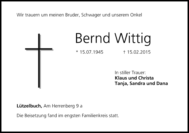  Traueranzeige für Bernd Wittig vom 28.02.2015 aus MGO