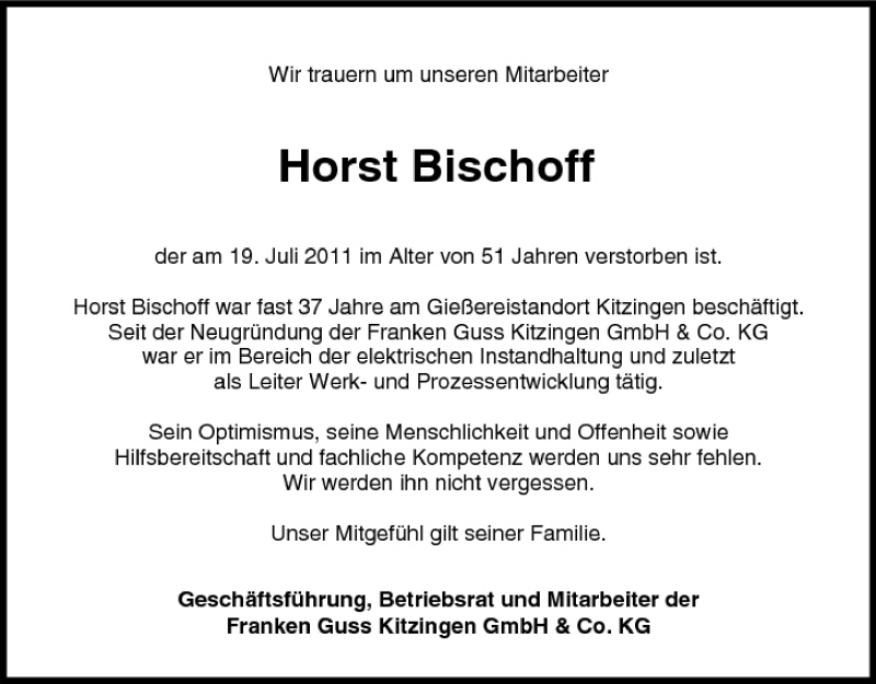 Horst Bischoff | Traueranzeige | trauer.inFranken.de