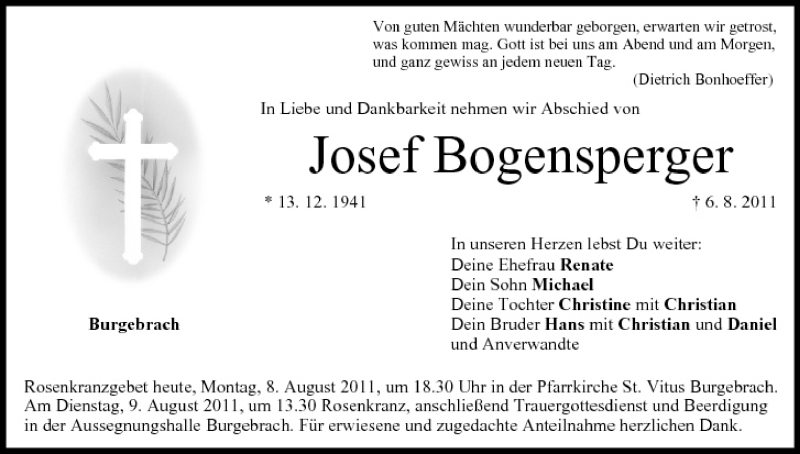  Traueranzeige für Josef Bogensperger vom 08.08.2011 aus MGO