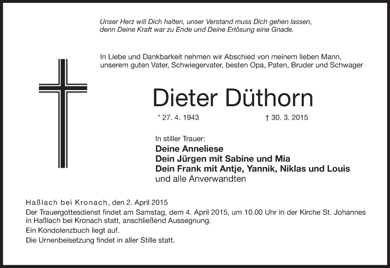  Traueranzeige für Dieter Düthorn vom 02.04.2015 aus MGO