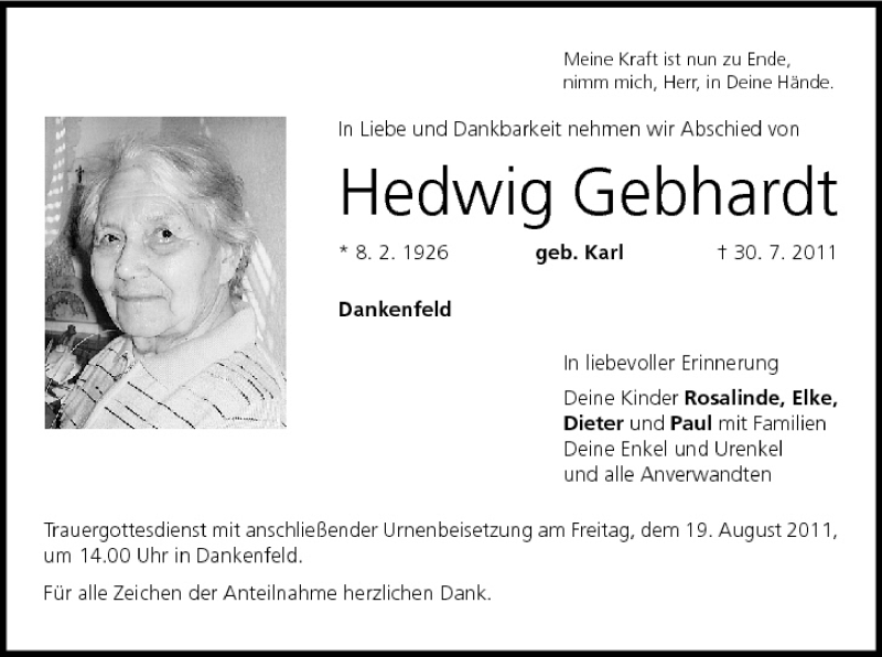  Traueranzeige für Hedwig Gebhardt vom 17.08.2011 aus MGO