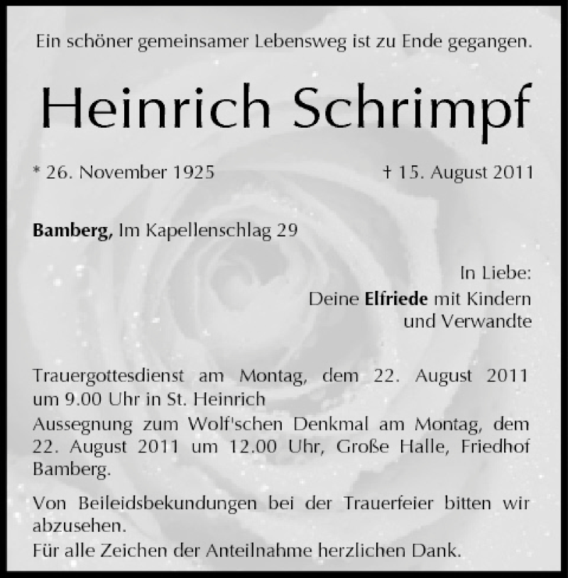  Traueranzeige für Heinrich Schrimpf vom 20.08.2011 aus MGO