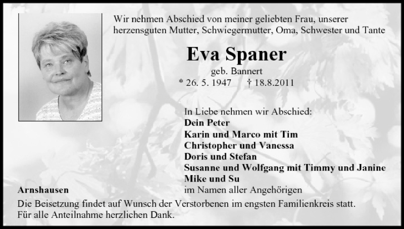  Traueranzeige für Eva Spaner vom 20.08.2011 aus MGO