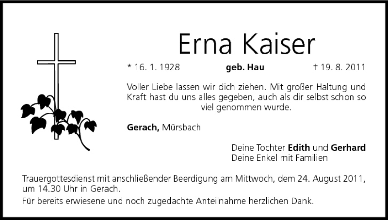  Traueranzeige für Erna Kaiser vom 22.08.2011 aus MGO