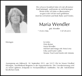 Maria Wendler | Traueranzeige | trauer.inFranken.de