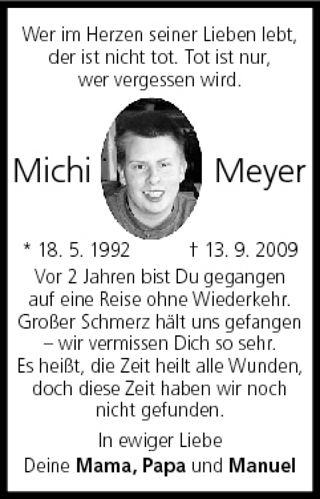  Traueranzeige für Michi Meyer vom 13.09.2011 aus MGO