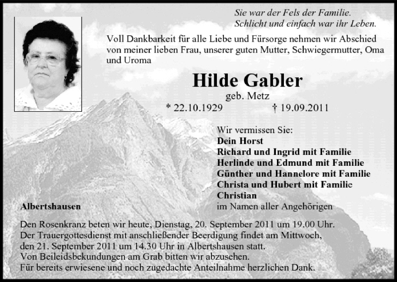  Traueranzeige für Hilde Gabler vom 20.09.2011 aus MGO