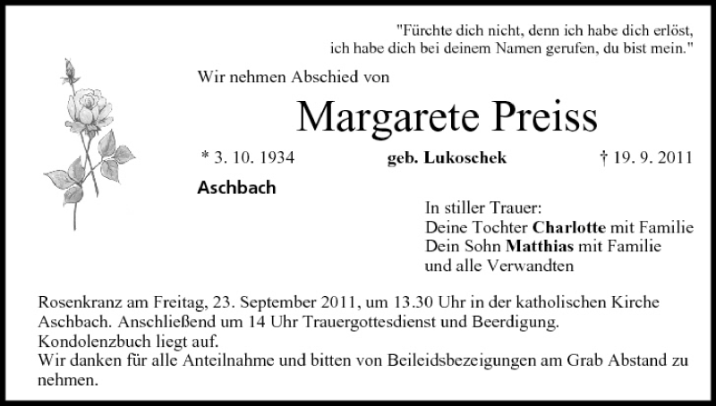  Traueranzeige für Margarete Preiss vom 22.09.2011 aus MGO