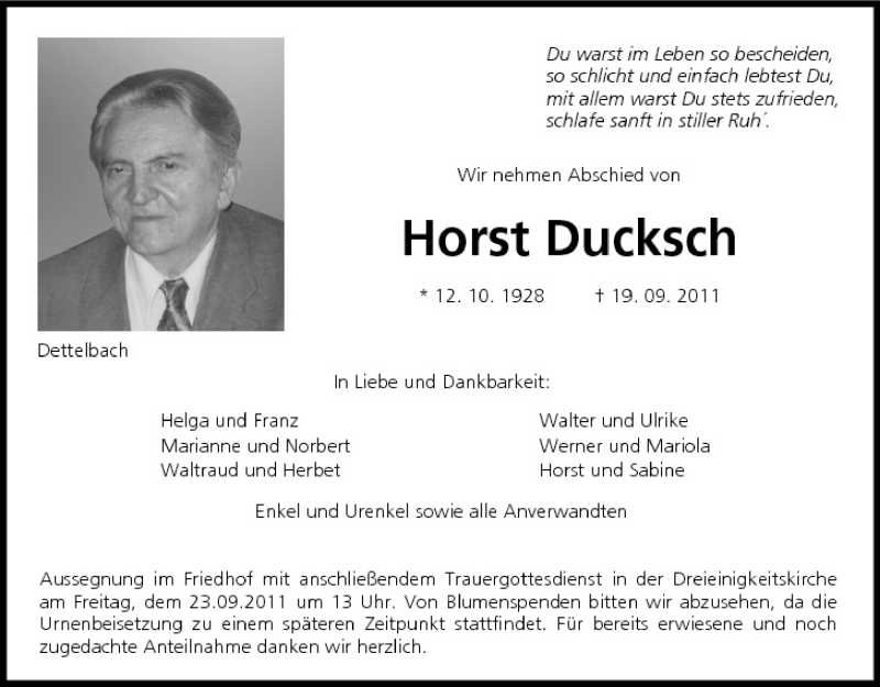  Traueranzeige für Horst Ducksch vom 22.09.2011 aus MGO