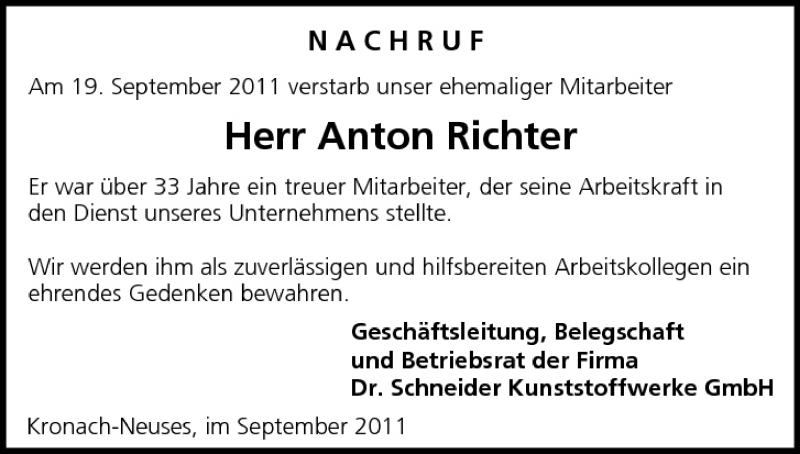  Traueranzeige für Anton Richter vom 23.09.2011 aus MGO