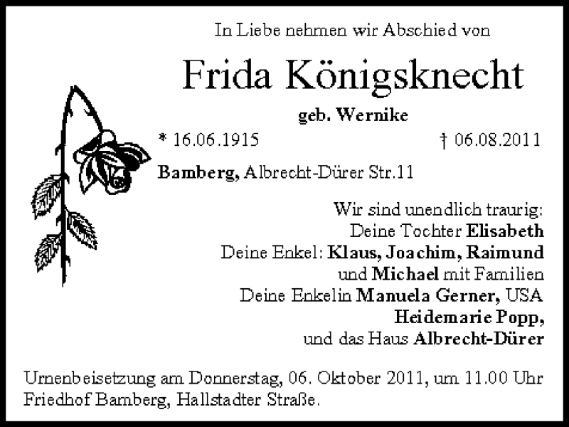  Traueranzeige für Frida Königsknecht vom 01.10.2011 aus MGO
