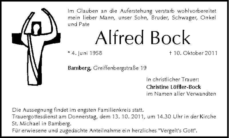  Traueranzeige für Alfred Bock vom 12.10.2011 aus MGO
