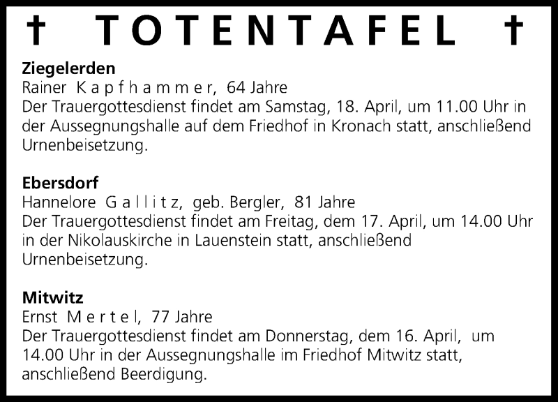  Traueranzeige für Totentafel vom 16.04.2015 vom 16.04.2015 aus MGO