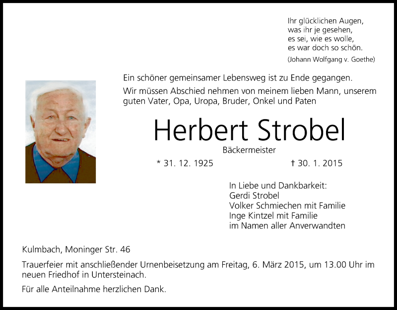  Traueranzeige für Herbert Strobel vom 04.03.2015 aus MGO