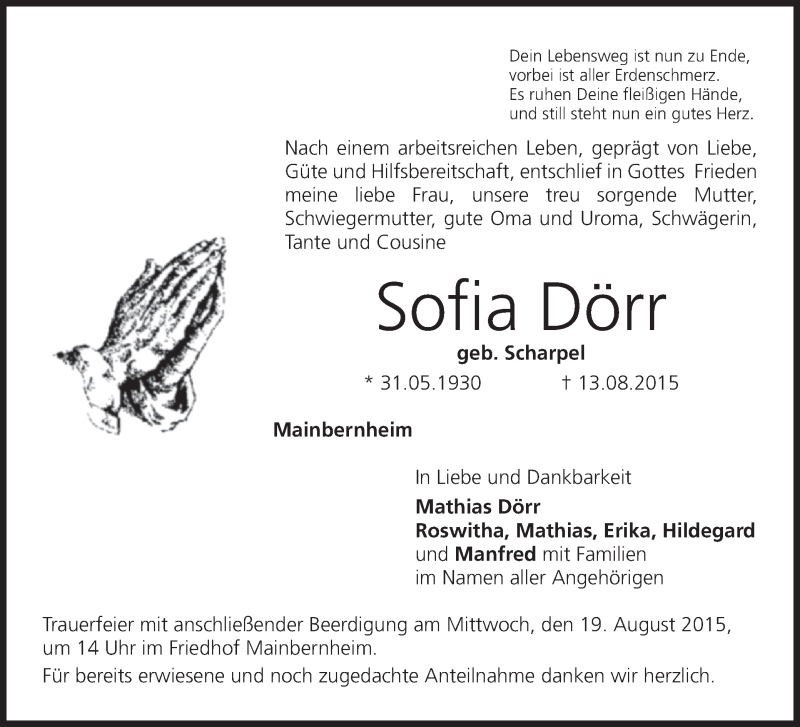  Traueranzeige für Sofia Dörr vom 14.08.2015 aus MGO