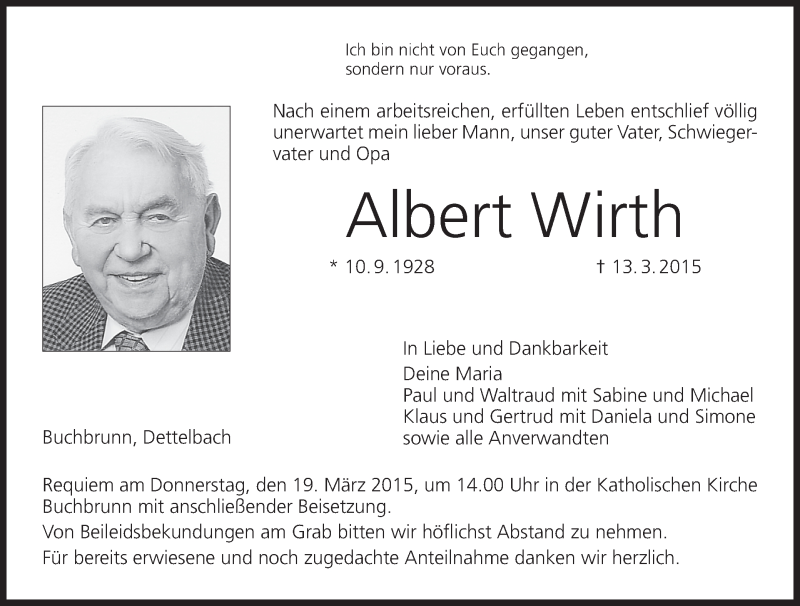  Traueranzeige für Albert Wirth vom 16.03.2015 aus MGO