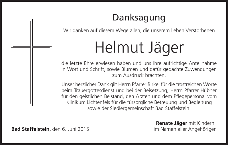  Traueranzeige für Helmut Jäger vom 06.06.2015 aus MGO