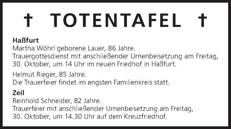  Traueranzeige für Totentafel vom 29.10.2015 vom 29.10.2015 aus MGO