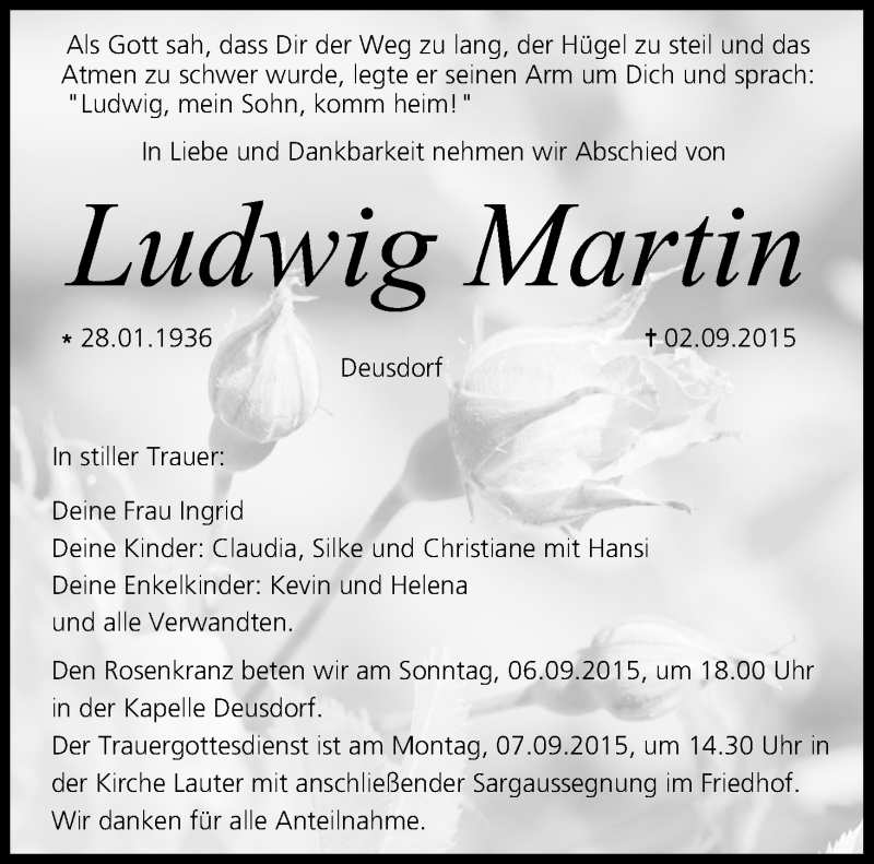  Traueranzeige für Ludwig Martin vom 05.09.2015 aus MGO