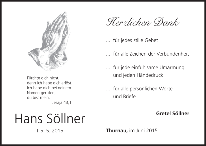  Traueranzeige für Hans Söllner vom 03.06.2015 aus MGO