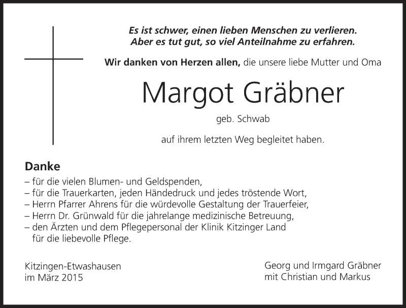  Traueranzeige für Margot Gräbner vom 11.04.2015 aus MGO