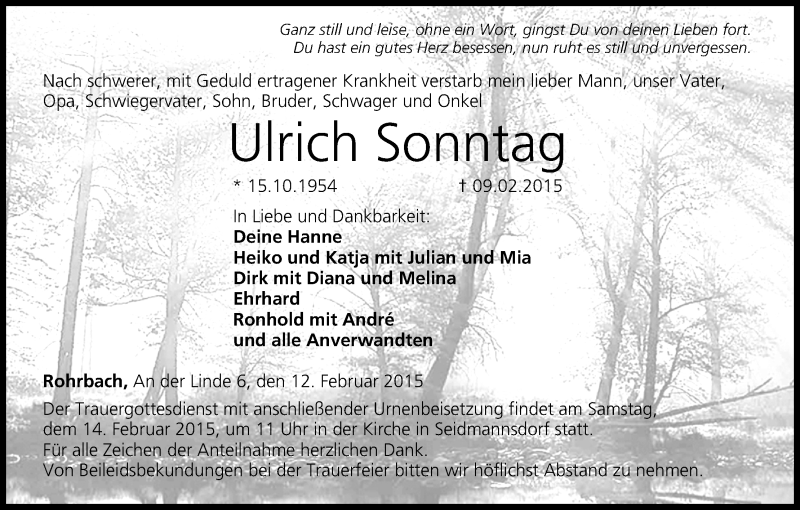  Traueranzeige für Ulrich Sonntag vom 12.02.2015 aus MGO