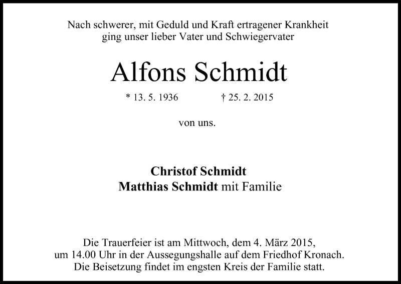  Traueranzeige für Alfons Schmidt vom 28.02.2015 aus MGO