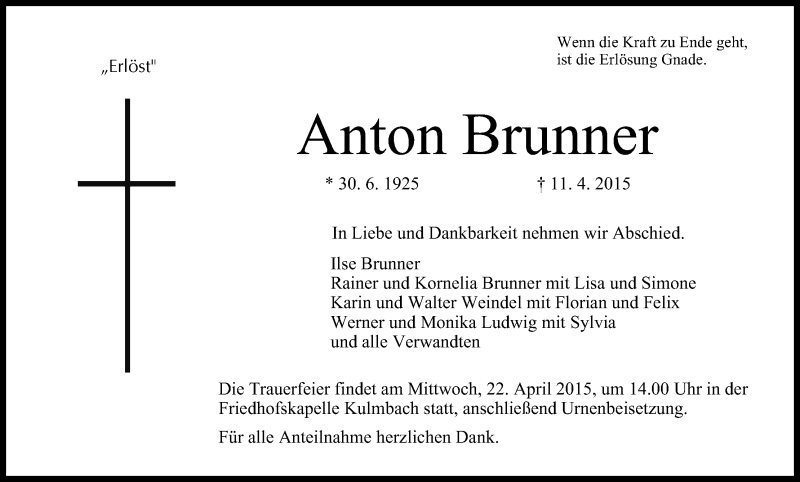  Traueranzeige für Anton Brunner vom 20.04.2015 aus MGO