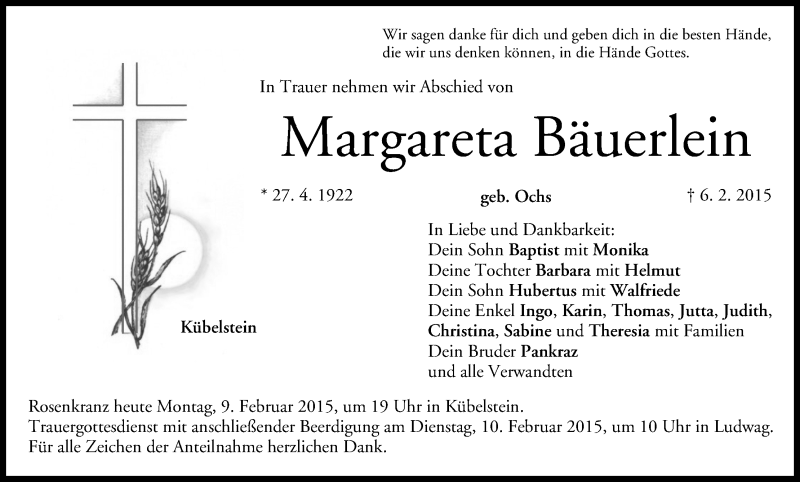  Traueranzeige für Margareta Bäuerlein vom 09.02.2015 aus MGO