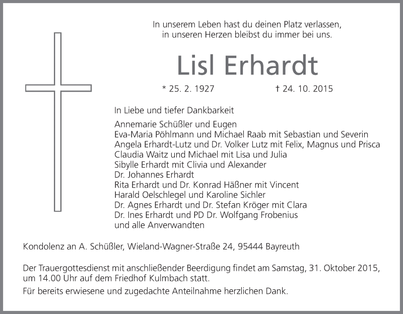  Traueranzeige für Lisl Erhardt vom 28.10.2015 aus MGO