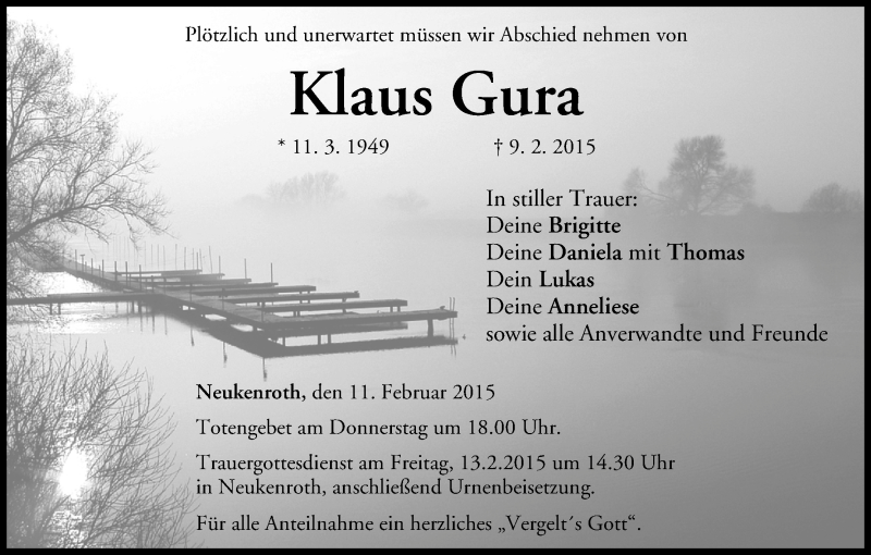  Traueranzeige für Klaus Gura vom 11.02.2015 aus MGO