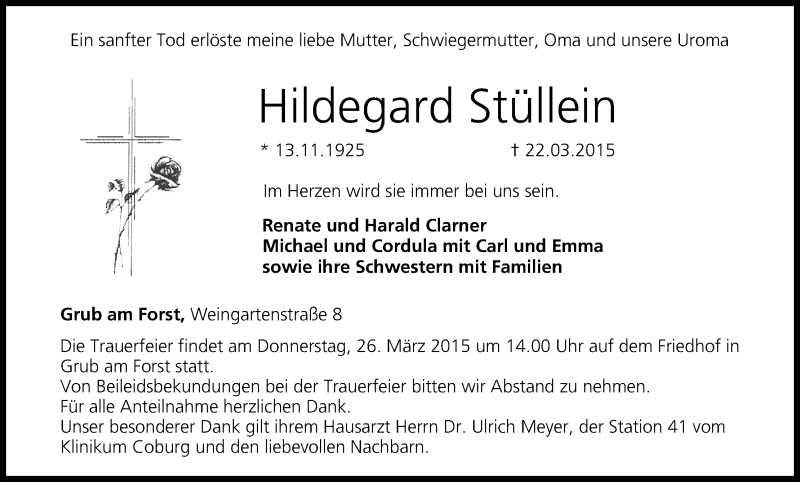  Traueranzeige für Hildegard Stüllein vom 25.03.2015 aus MGO