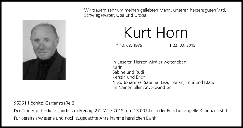  Traueranzeige für Kurt Horn vom 25.03.2015 aus MGO