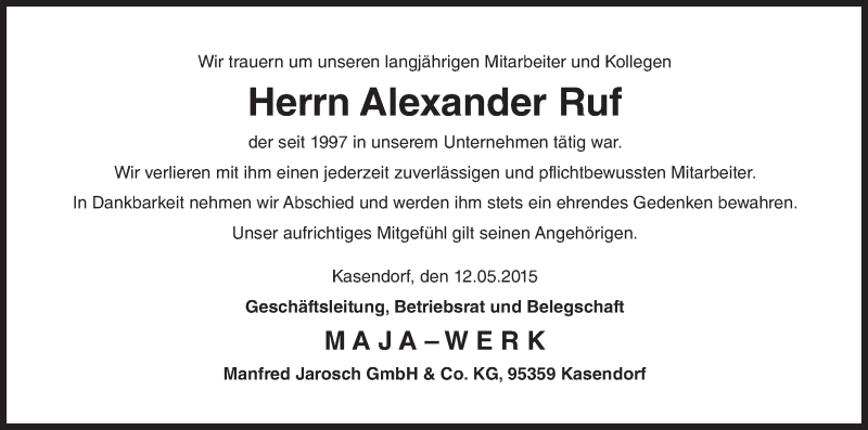  Traueranzeige für Alexander Ruf vom 12.05.2015 aus MGO