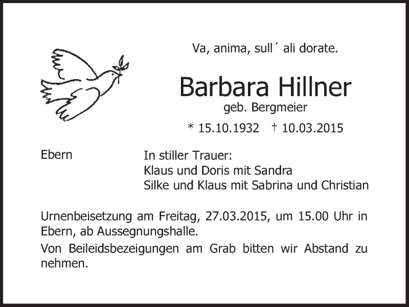  Traueranzeige für Barbara Hillner vom 26.03.2015 aus MGO