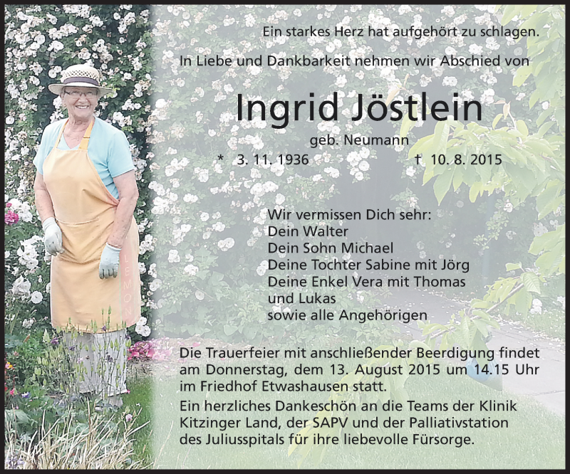  Traueranzeige für Ingrid Jöstlein vom 12.08.2015 aus MGO