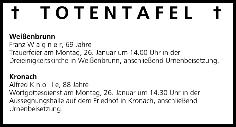  Traueranzeige für Totentafel vom 24.01.2015 vom 24.01.2015 aus MGO