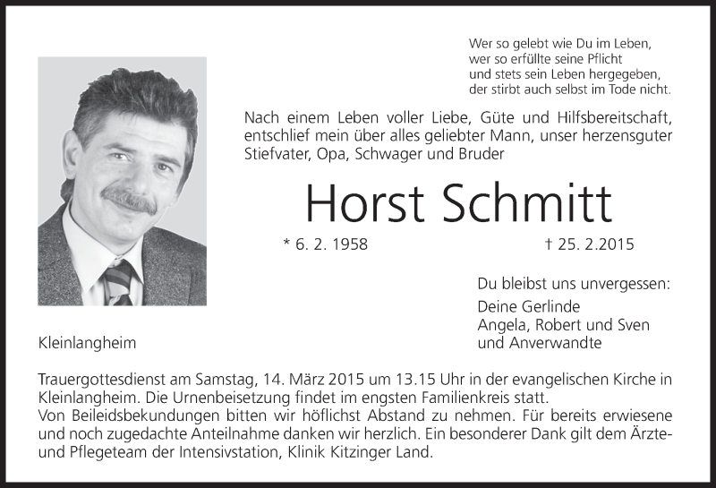  Traueranzeige für Horst Schmitt vom 07.03.2015 aus MGO