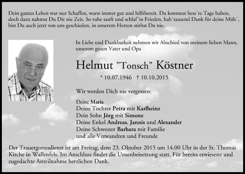  Traueranzeige für Helmut Köstner vom 21.10.2015 aus MGO
