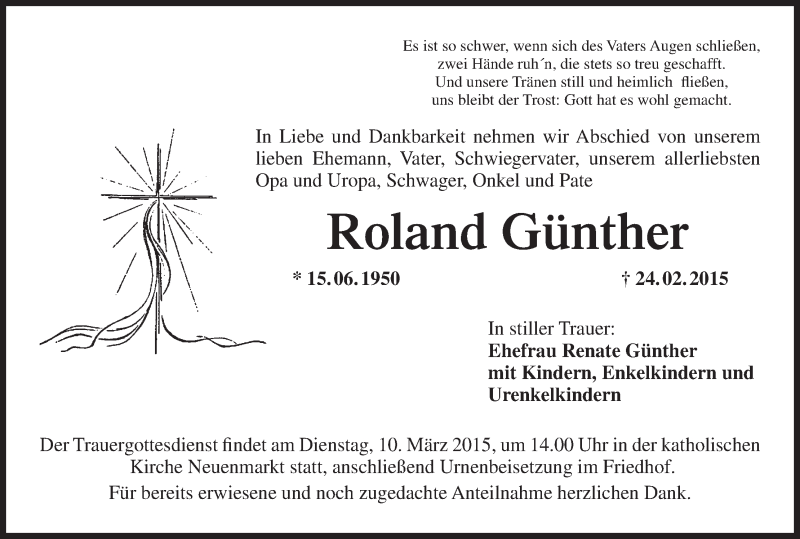  Traueranzeige für Roland Günther vom 07.03.2015 aus MGO