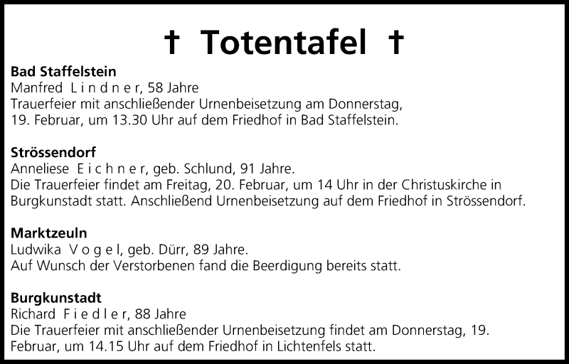  Traueranzeige für Totentafel vom 18.02.2015 vom 18.02.2015 aus MGO