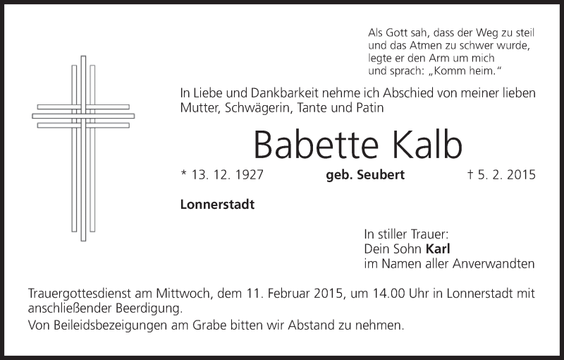  Traueranzeige für Babette Kalb vom 09.02.2015 aus MGO