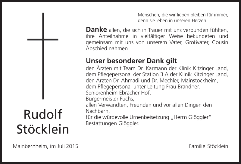  Traueranzeige für Rudolf Stöcklein vom 25.07.2015 aus MGO