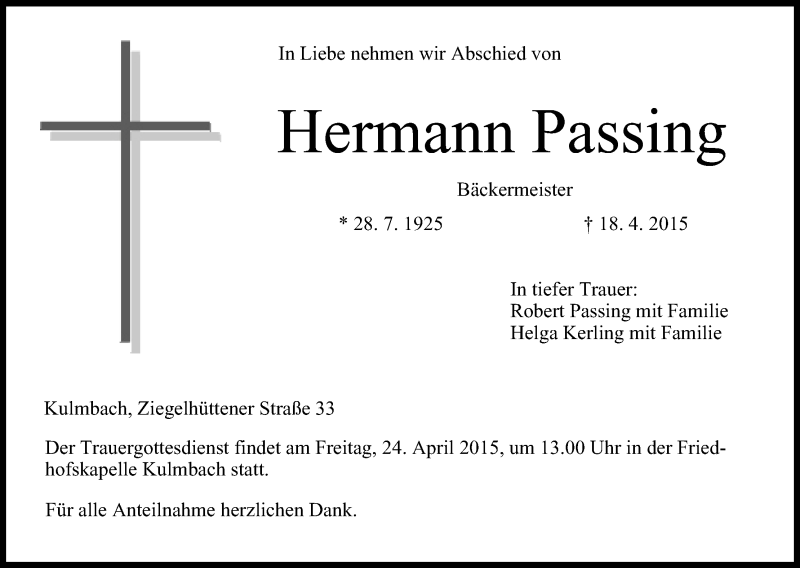  Traueranzeige für Hermann Passing vom 22.04.2015 aus MGO