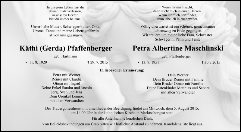  Traueranzeige für Petra Albertine Maschlinski vom 01.08.2015 aus MGO