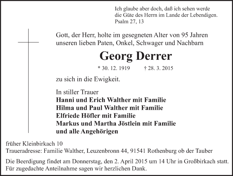  Traueranzeige für Georg Derrer vom 31.03.2015 aus MGO