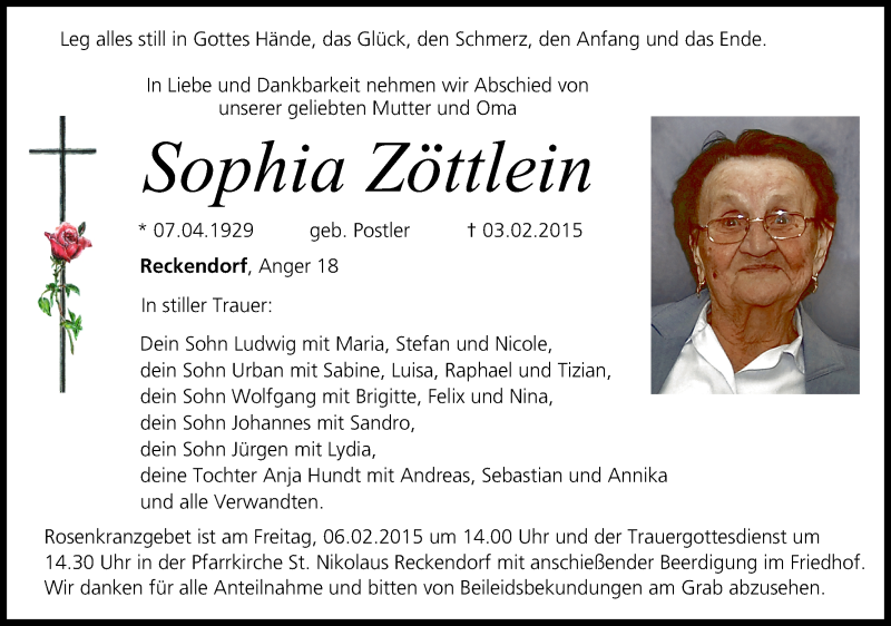  Traueranzeige für Sophia Zöttlein vom 05.02.2015 aus MGO